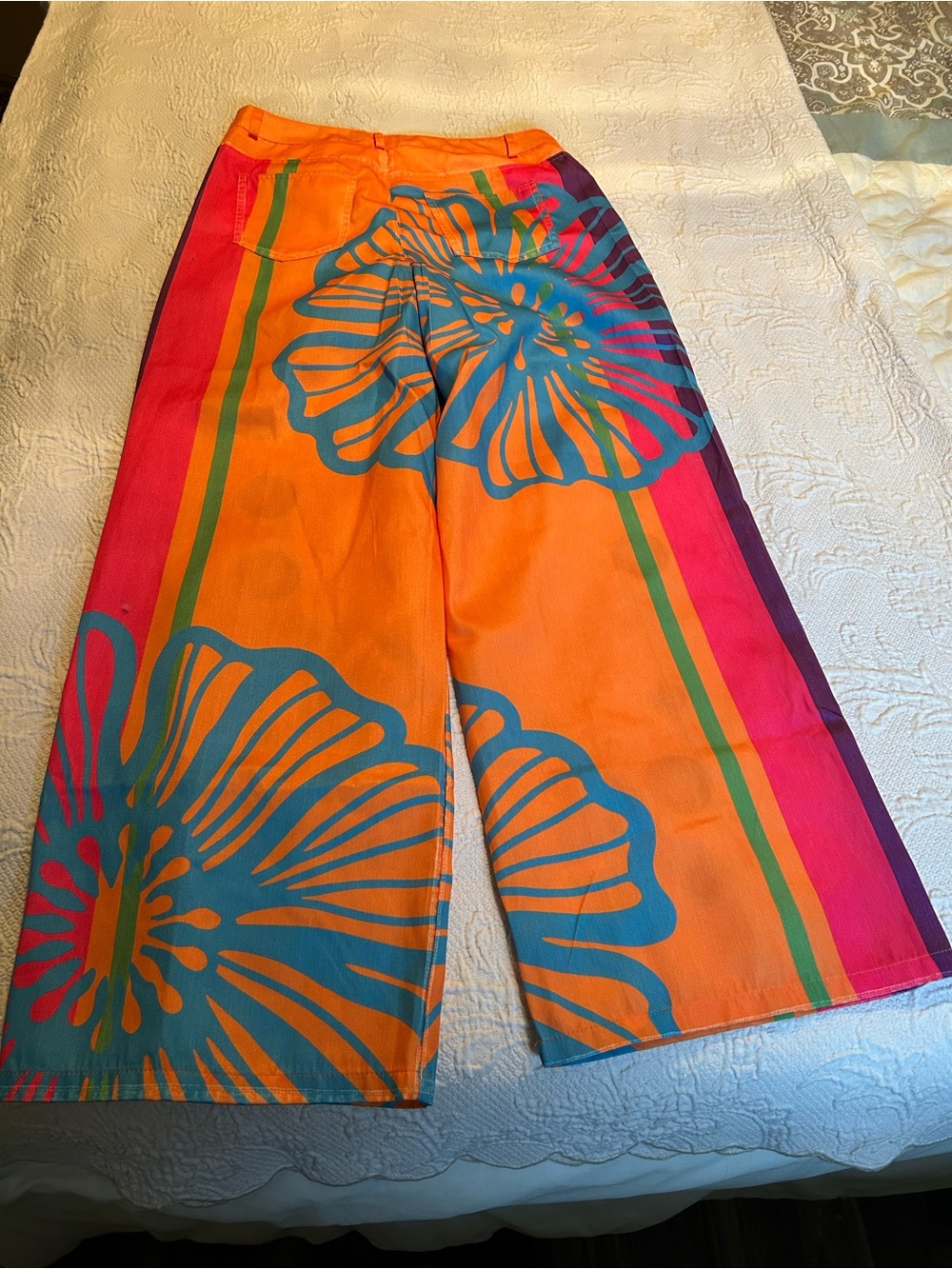 Wide Leg Floral Grommet Pants - Orange Multicolor - Picture 2 of 3